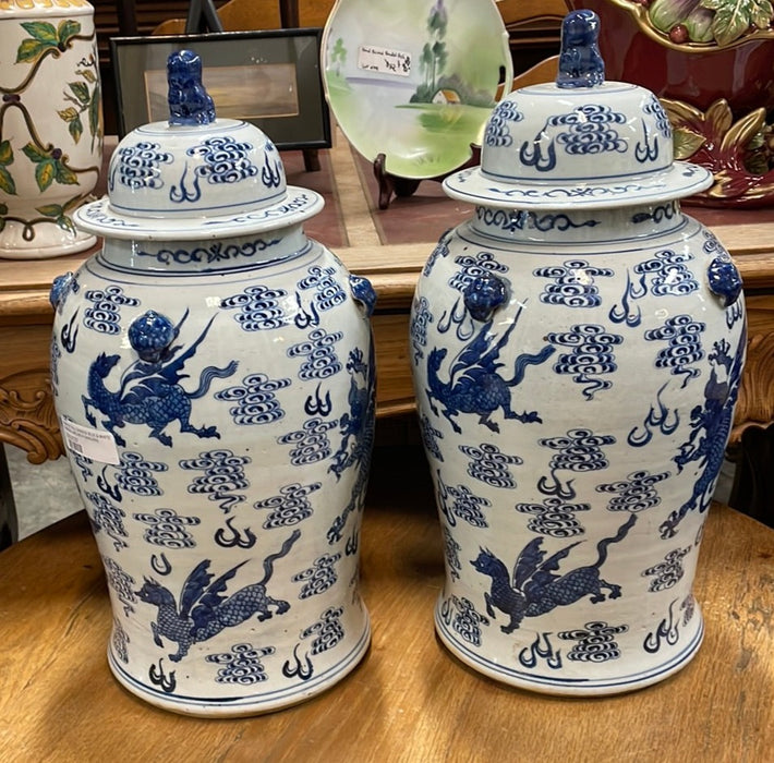 PAIR OF TALL CHINESE BLUE & WHITE GINGER JARS WITH DRAGONS — Lots of  Furniture