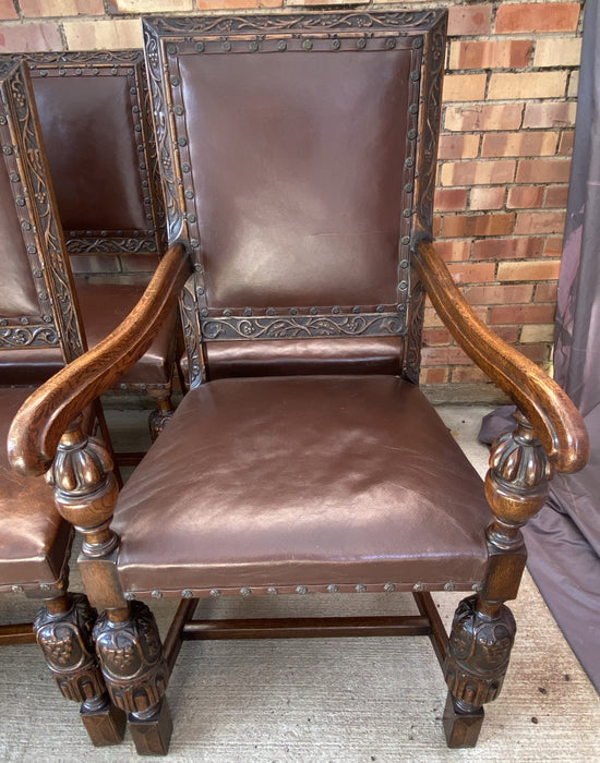 SET OF 8 OAK AND LEATHER TUDOR STYLE CHAIRS