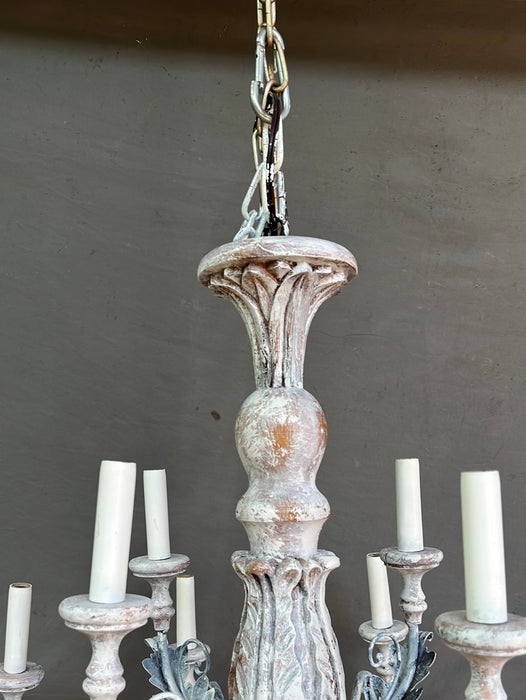 LARGE 12 ARM CARVED WOOD AND IRON CHANDELIER