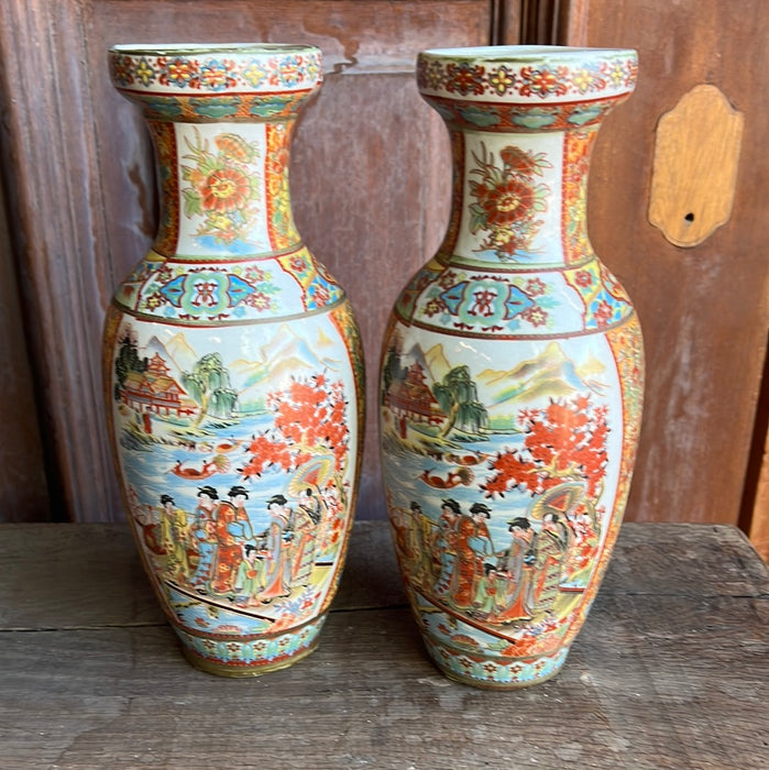 PAIR OF POLYCHROME JAPANESE VASES