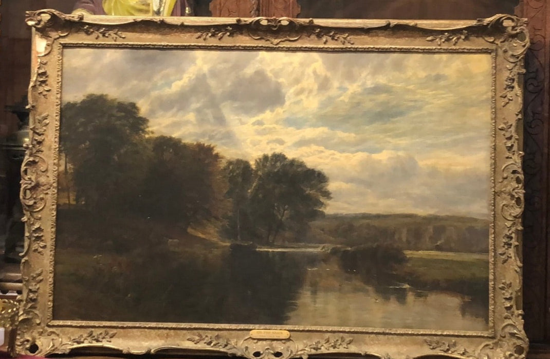 EARLY LARGE FRAMED RIVERSCAPE OIL PAINTING BY VICAT COLE