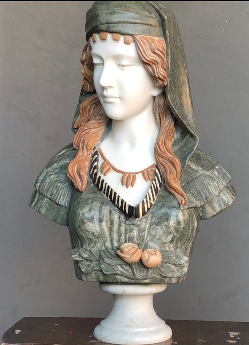 MARBLE BUST OF LADY WITH GREEN HEAD DRESS