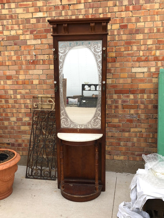 HALLTREE WITH MARBLE TOP CONSOLE AND ETCHED MIRROR-NOT OLD