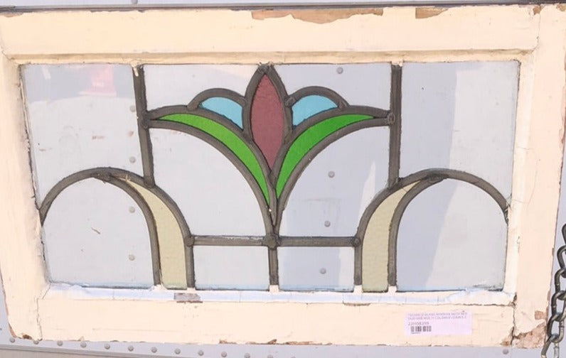 STAINED GLASS WINDOW WITH RED BUD AND MULTI COLORED LEAVES