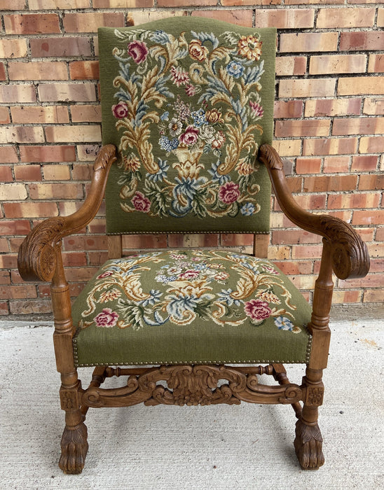 NEEDLEPOINT ACANTHIS LEAF CARVED OAK CLAWFOOT THRONE CHAIR