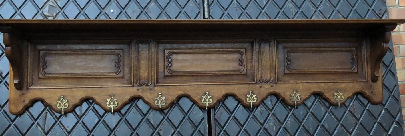 LARGE OAK WALL SHELF WITH HOOKS