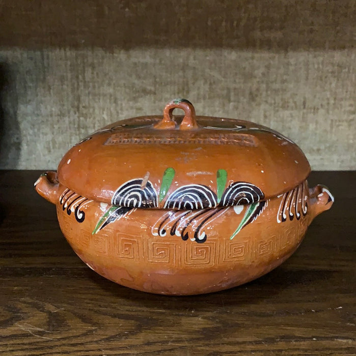 ORANGE GLAZED POTTERY COVERED COOKWARE DISH