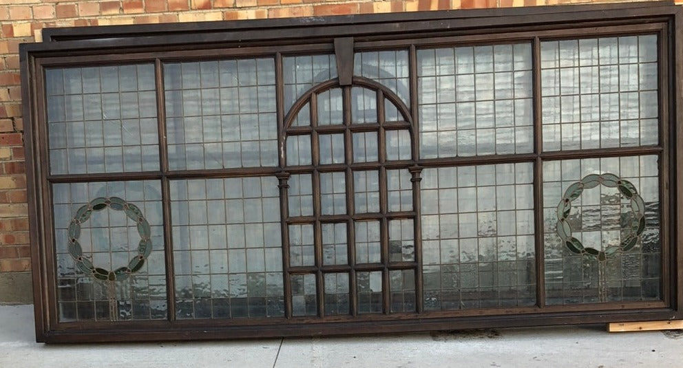 EACH OAK HUGE MULLIONED & LEADED STAINED GLASS WINDOW WITH WREATH