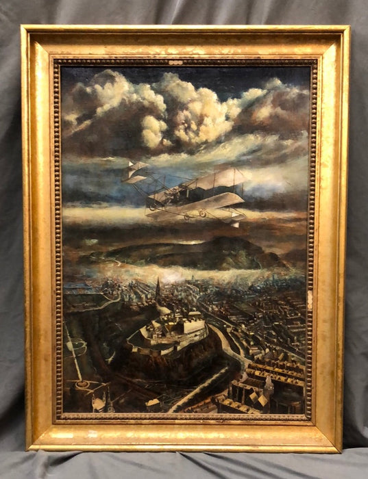 SURREAL BIPLANE OVER PARIS OIL PAINTING ON CANVAS