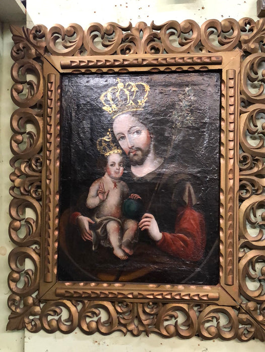 SPANISH COLONIAL SAINT OIL PAINTING WITH JESUS IN PIERCE CARVED FRAME
