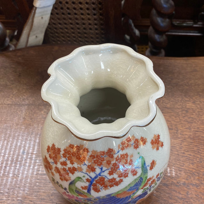 CRACKLED GLAZE GINGER JAR WITH PEACOCKS