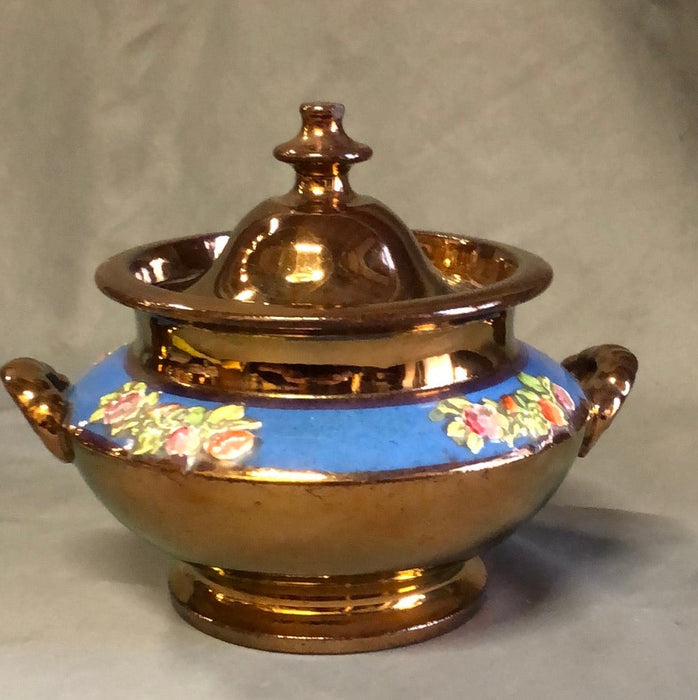 COPPER LUSTER SUGAR BOWL WITH FLOWERS AS FOUND