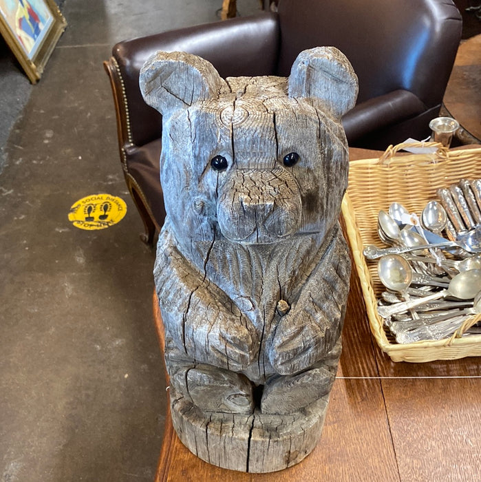 CARVED WOODEN BEAR WITH GLASS EYES