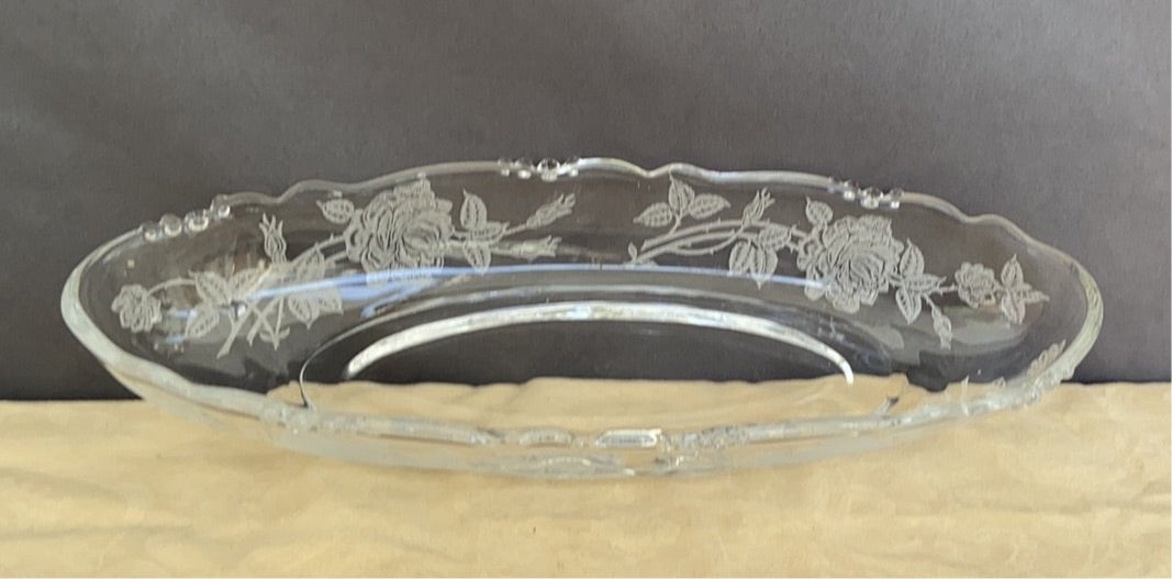 NARROW OBLONG ETCHED ROSES GLASS DISH