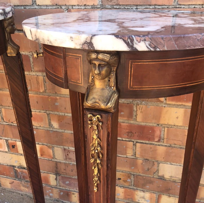 PAIR OF TALL EMPIRE MAHOGANY PEDESTALS WITH VEINED MARBLE