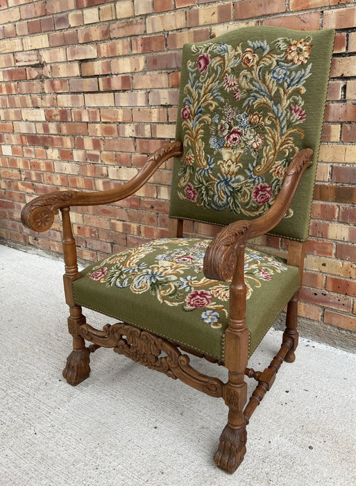 NEEDLEPOINT ACANTHIS LEAF CARVED OAK CLAWFOOT THRONE CHAIR