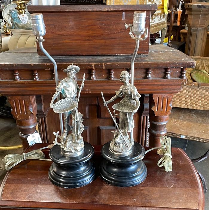 PAIR OF FIGURAL SILVER COLOR LAMPS WITH BLACK PLINTHS