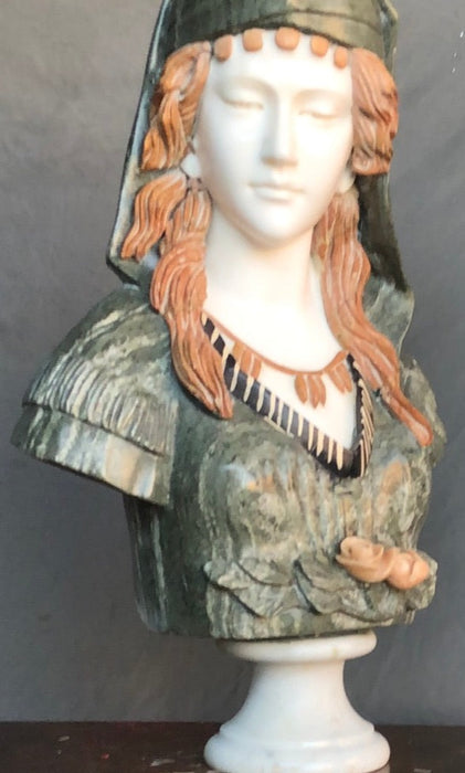 MARBLE BUST OF LADY WITH GREEN HEAD DRESS