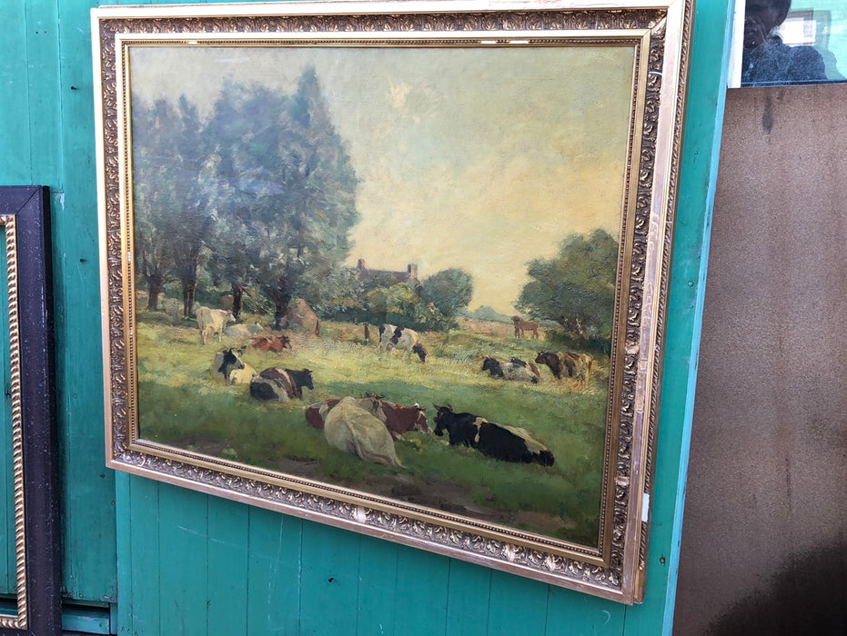 LARGE GOLD FRAMED IMPRESSSIONIST COWS PAINTING