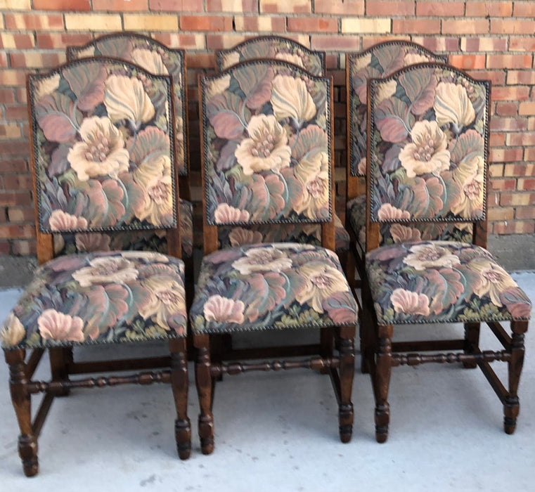 SET OF 6 BLOCK AND TURNED LEG CHAIRS WITH FLORAL UPHOLSTERY