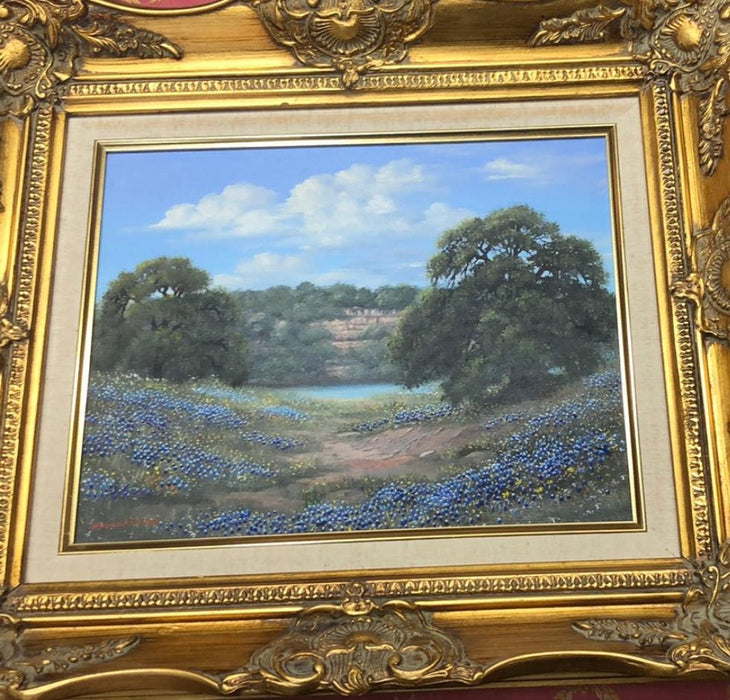 SMALL FRAMED TEXAS BLUEBONNET OIL PAINTING BY MARGARET RUTH HARDEN