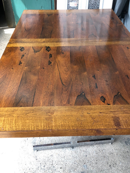 CHROME BASE TABLE WITH MAHOGANY AND ROOSEWOOD TOP