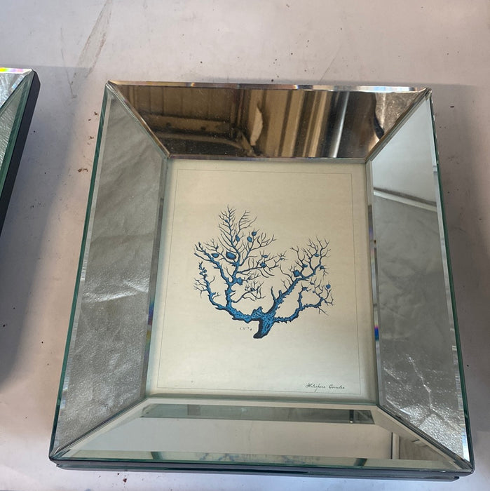 SET OF THREE BEVELED MIRRORED BLUE CORAL PRINTS