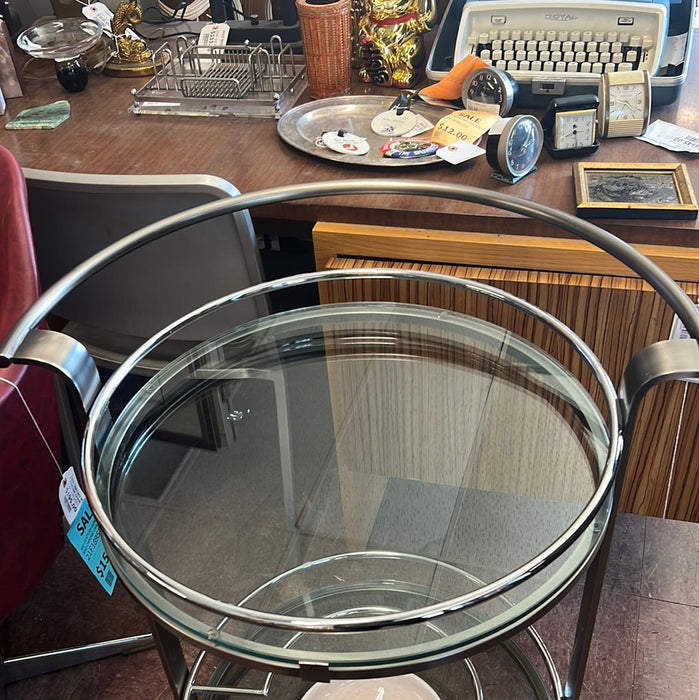 CHROME AND GLASS ROUND BAR CART