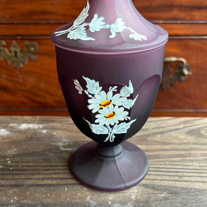 PURPLE SATIN GLASS LIDDED DISH WITH FLORAL DESIGN