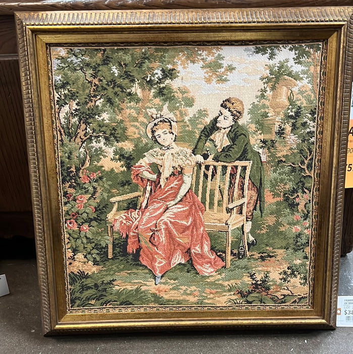 FRAMED COURTSHIP NEEDLEPOINT OF MAN IN GREEN JACKET