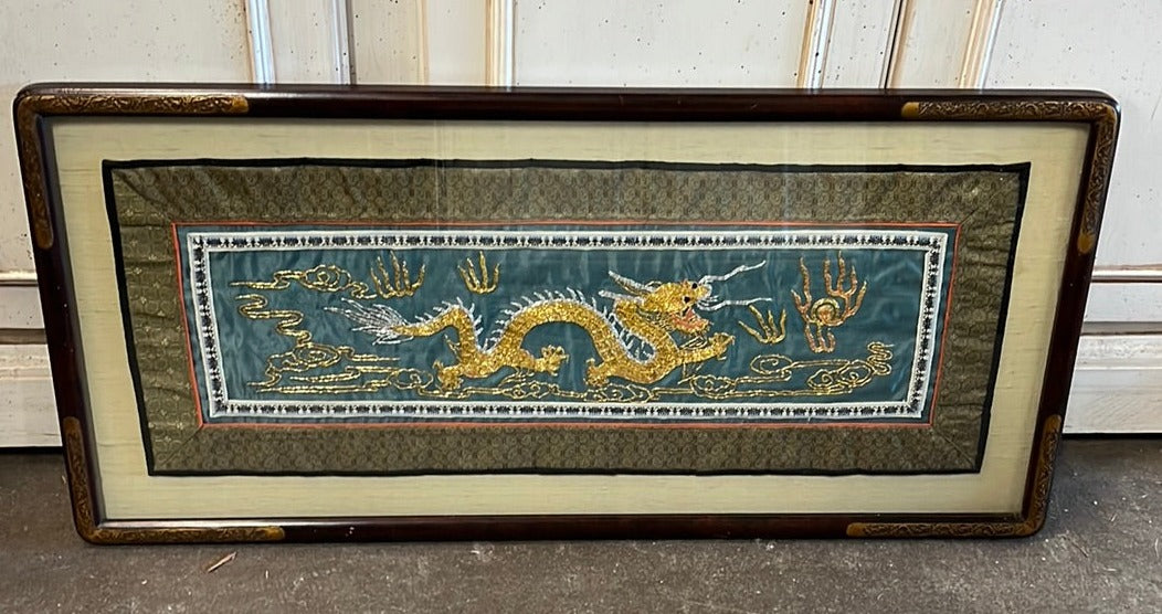 GOLD AND SILVER THREAD CHINESE DRAGON FRAMED TEXTILE