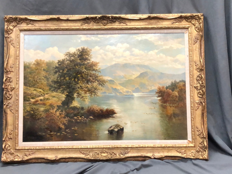 SCOTTISH LANDSCAPE OIL PAINTING WITH MOUNTAINS AND LAKE SIGNED SPINKS