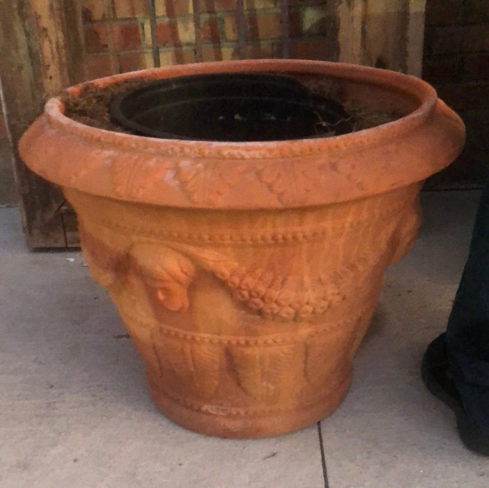LARGE TERRA COTTA POT WITH CHERUBS AND VINES