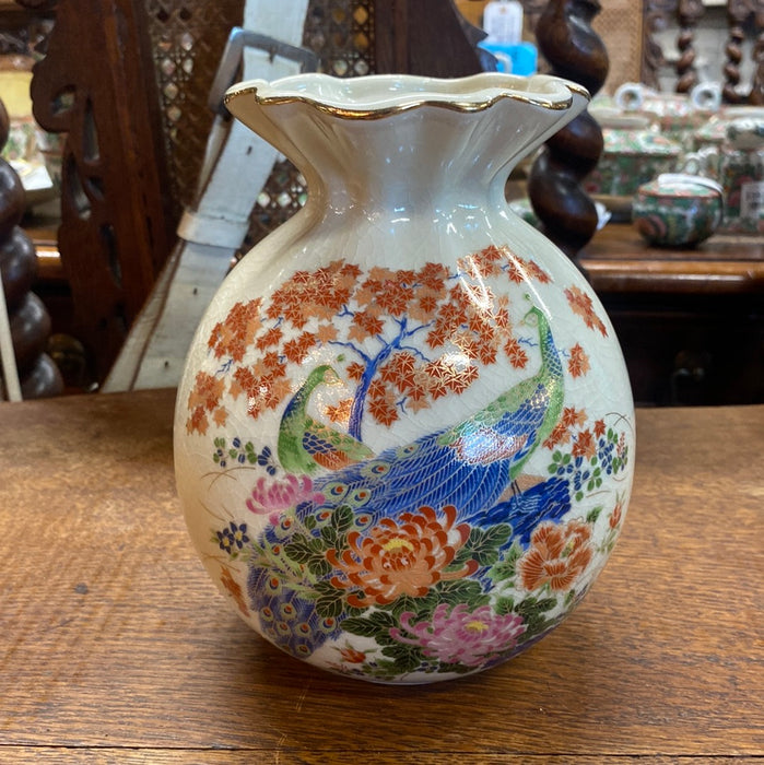 CRACKLED GLAZE GINGER JAR WITH PEACOCKS