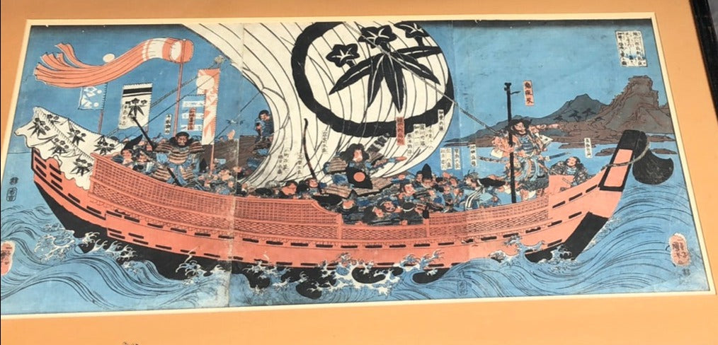 EARLY JAPANESE WAR SHIP PAINTING-SIGNED UTAGAW HIROSIGE