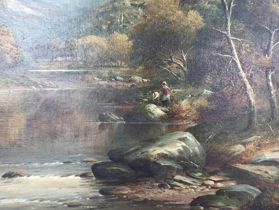 ORNATE FRAMED LANDSCAPE OIL PAINTING OF RIVER AND MOUNTAINS WITH COUPLE FISHING