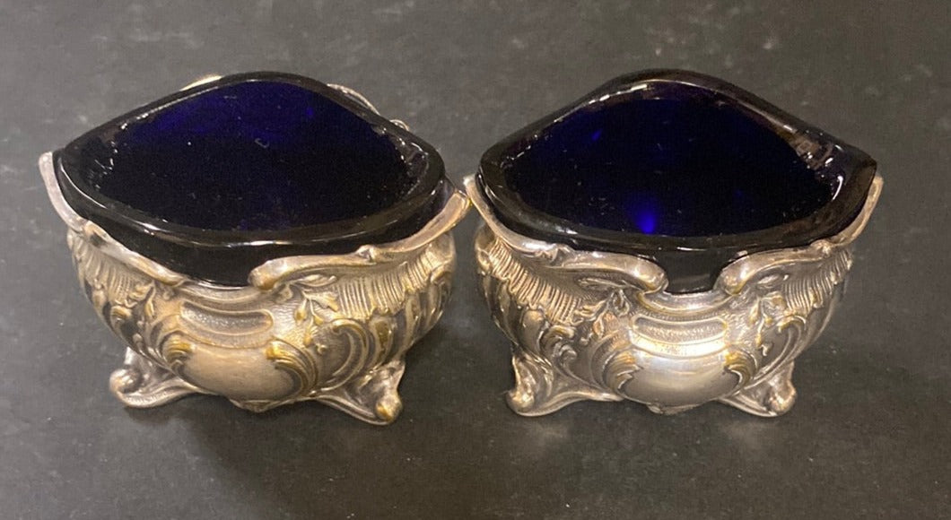 PAIR OF COBALT AND SILVERPLATE OPEN SALTS