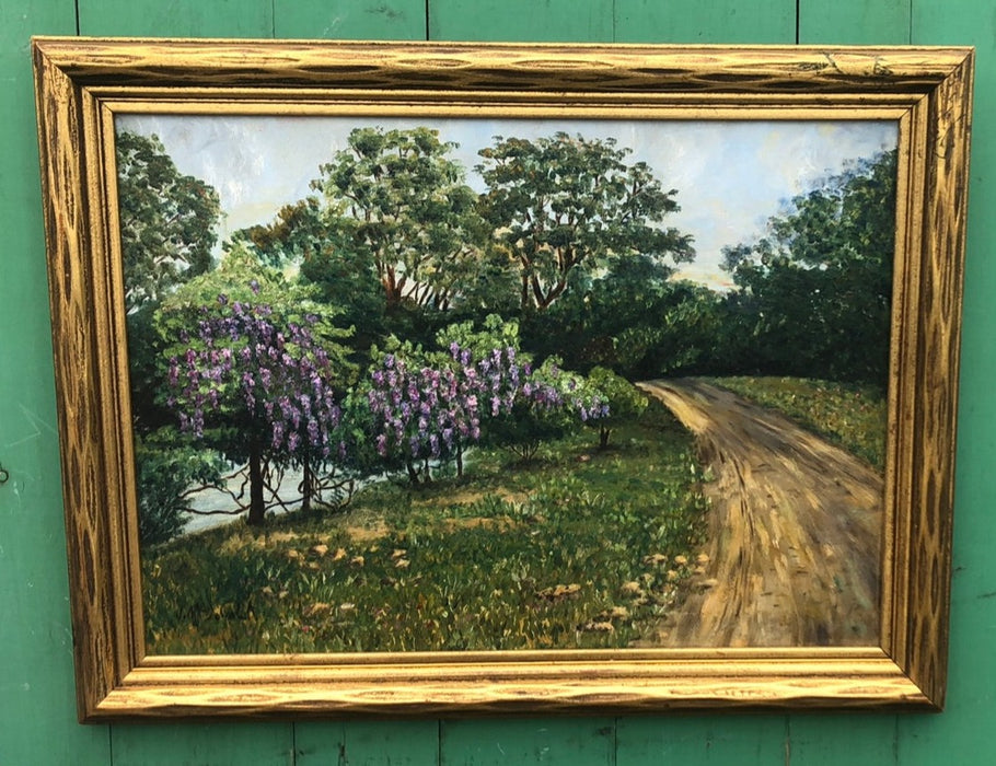 OIL PAINTING OF A COUNTRY ROAD WITH PURPLE FLOWERING TREES