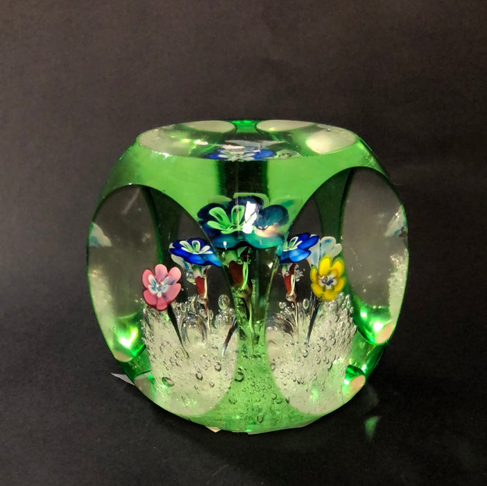 FLORAL GREEN AND CLEAR CUBE PAPERWEIGHT