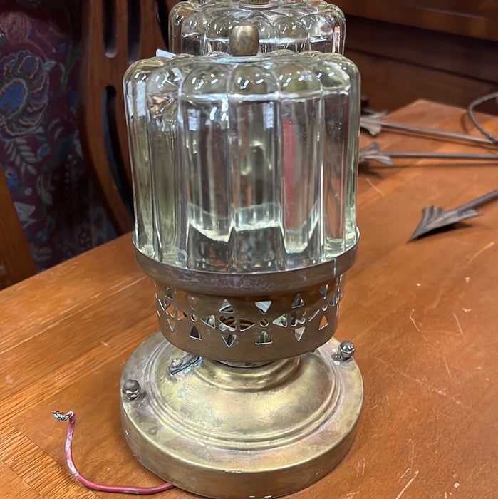 PAIR OF SMALL BRASS CEILING LIGHTS WITH RIBBED GLASS SHADES