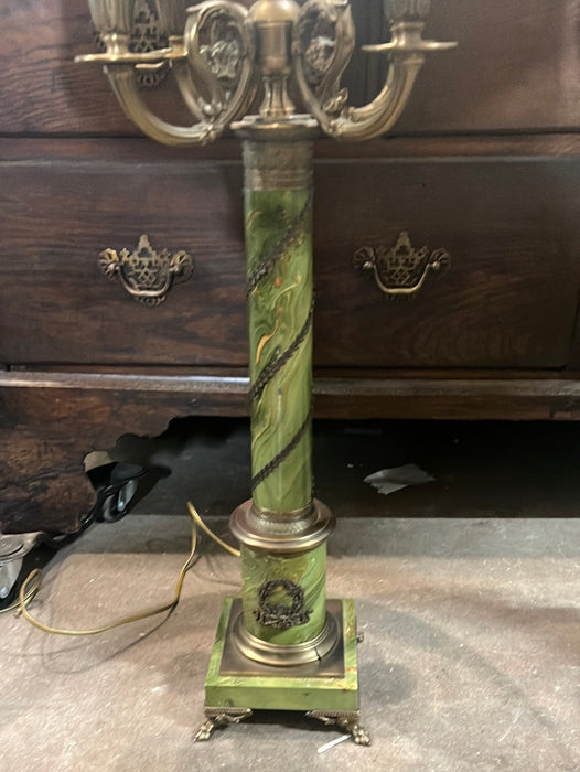 PAIR OF TALL FRENCH STYLE FAUX GREEN MARBLE AND BRONZE LAMPS