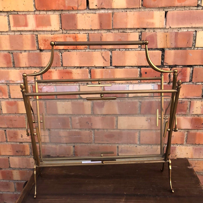 BRASS AND GLASS CANTERBURY MAGAZINE RACK