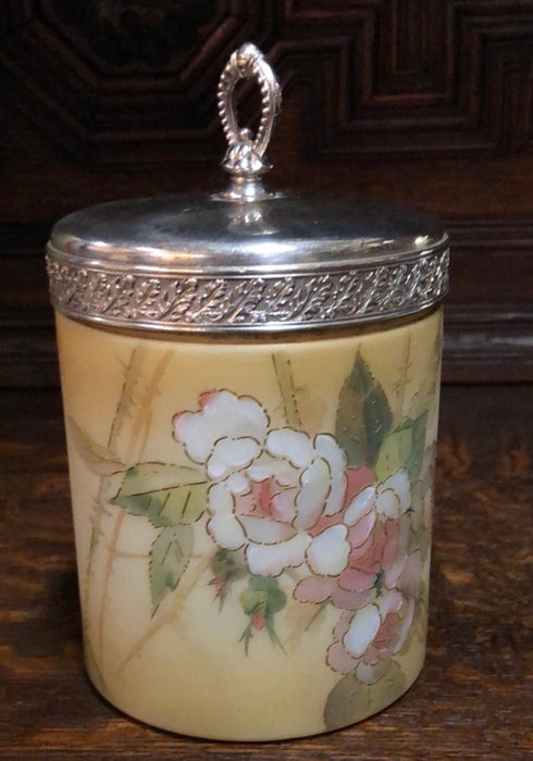 19TH C. SILVERPLATE AND GLASS PAINTED BISCUIT JAR