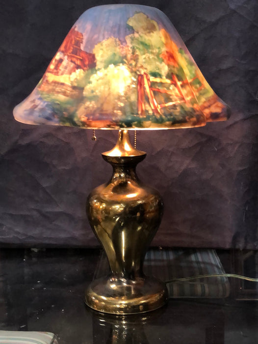 19TH C. LAMP WITH PAINTED GLASS SHADES