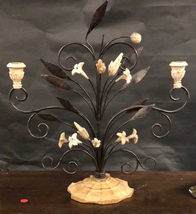 WOOD AND IRON FLOWER MOTIF CANDLE STAND