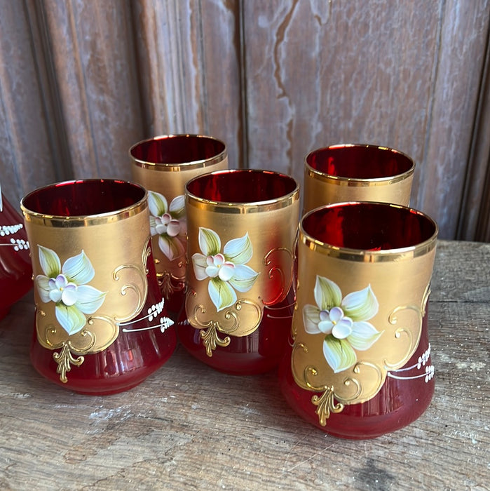 RED AND GOLD BOHEMIAN ART GLASS DECANTER SET