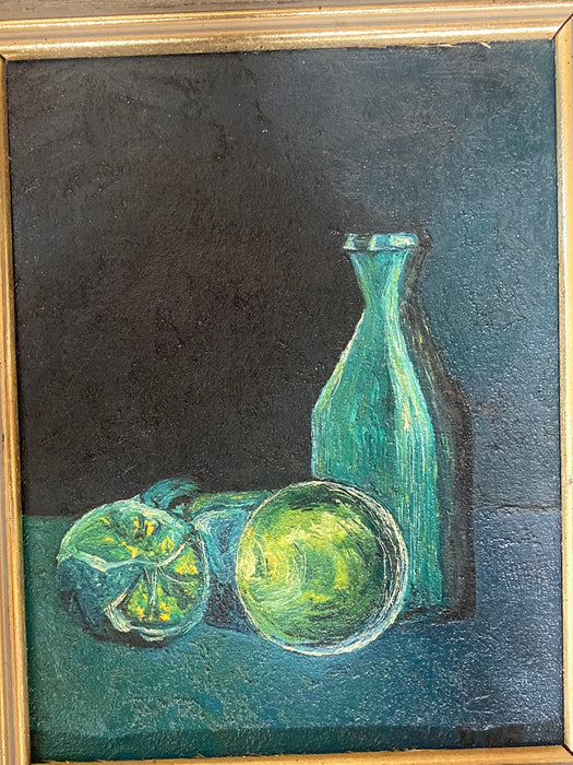 PAIR OF VINTAGE BLUE/GREEN STILL LIFE OIL PAINTINGS