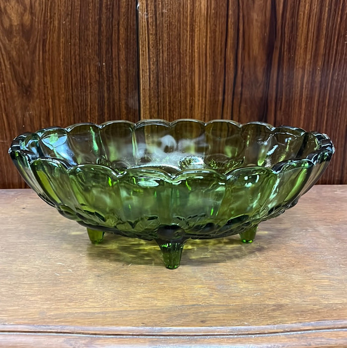 LARGE VINTAGE OVAL GREEN GLASS COMPOTE
