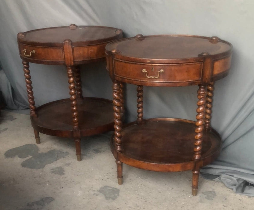 PAIR OF BARLEY TWIST ROUND END TABLES WITH DRAWERS