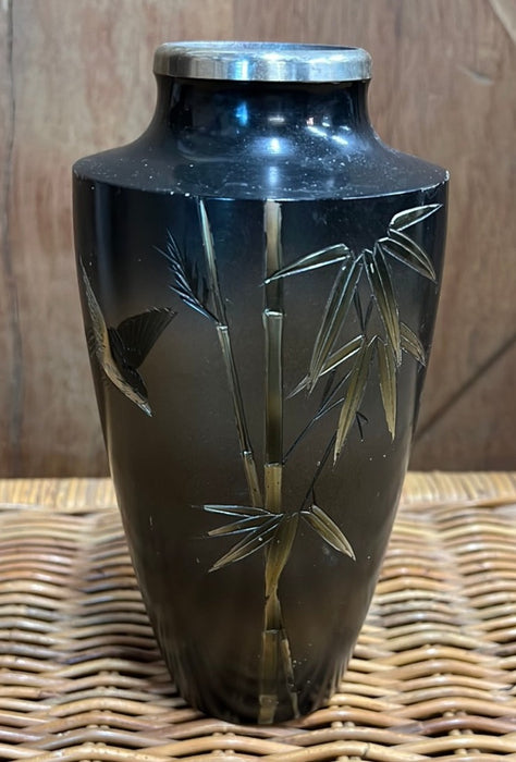 ETCHED METAL BLACK AND SILVER VASE WITH BIRD AND BAMBOO DESIGN